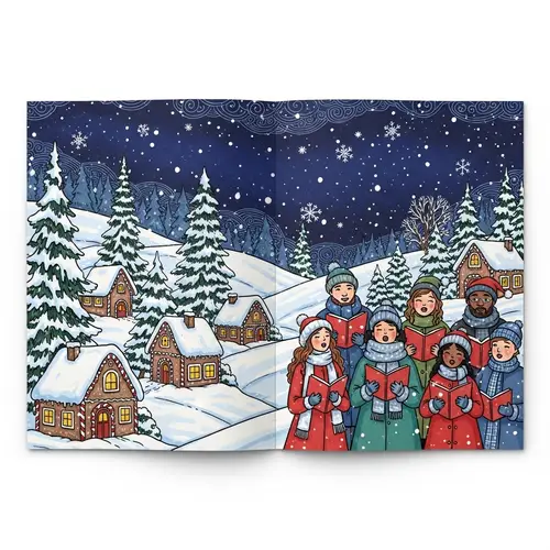 Festive Christmas Card with Winter Scene & Carolers