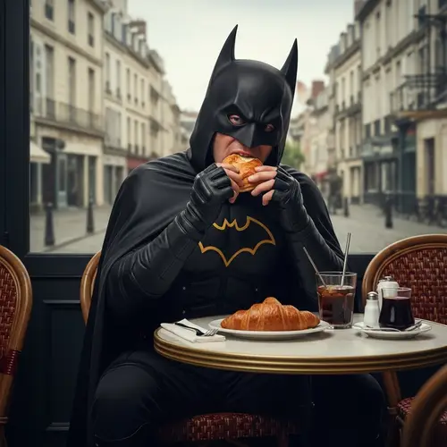 Dark Vigilante Enjoying Croissant in French Cafe