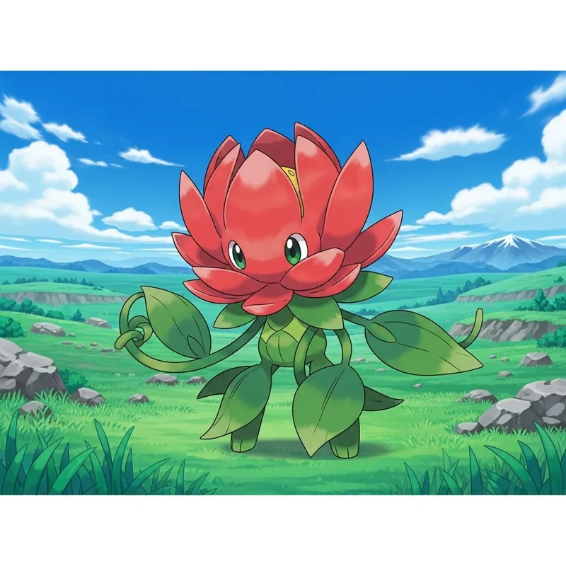 Lotus Pokemon Character in Red on Open Plain