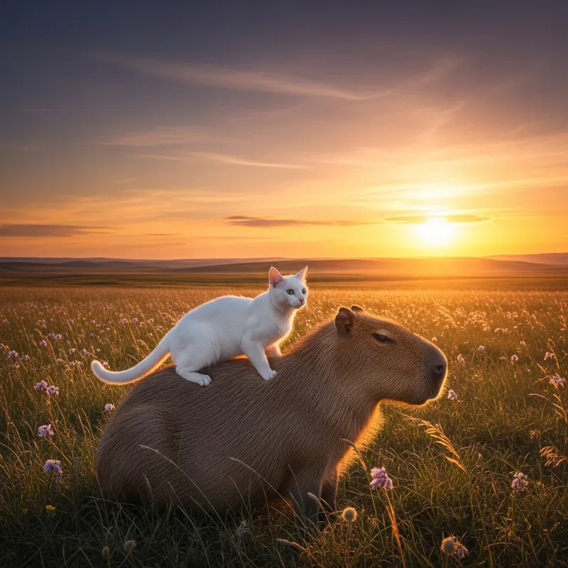 Serene Sunset Scene with White Cat and Capybara