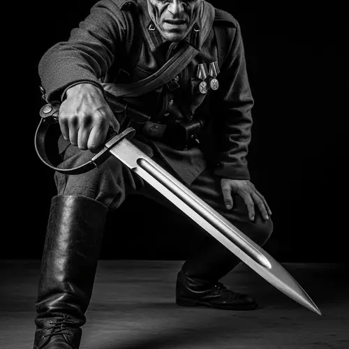 Masculine Soldier with Hollow Face Holding a Bayonet | Black and White Style