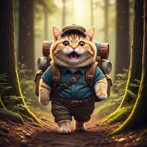 Chubby British Ginger Cat in Realistic Hiking Attire