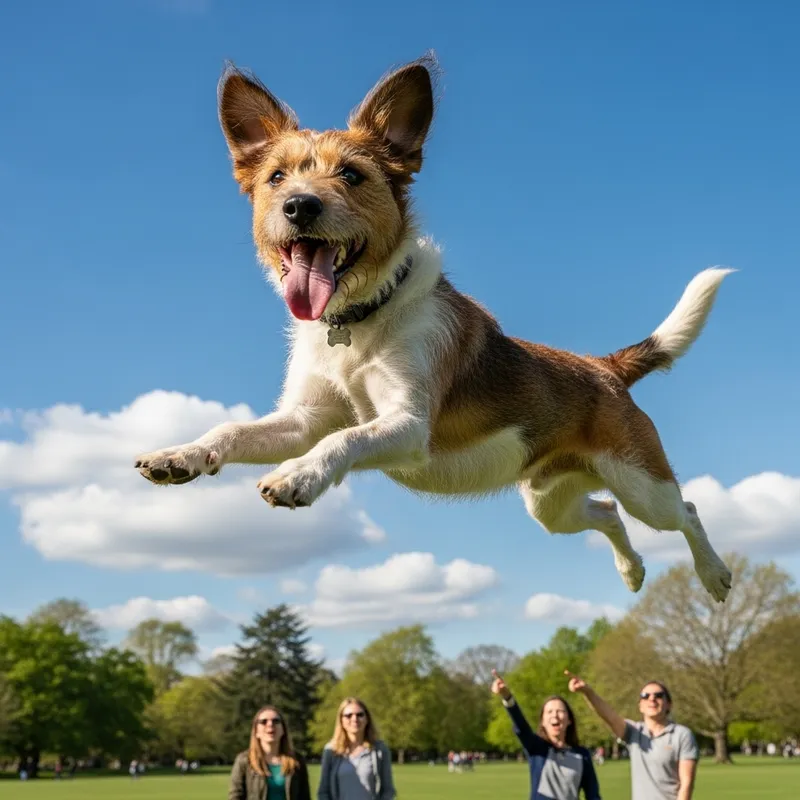 Exciting Image of a Happy Dog Soaring in Blue Sky