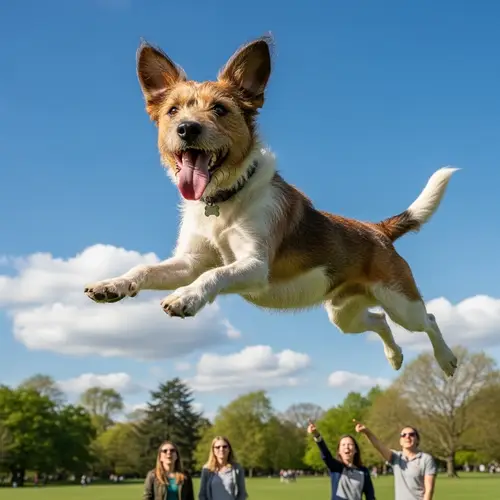 Flying Dog Soaring in Clear Blue Sky | Park Scene
