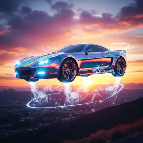 Magical Floating Car with Shimmering Lights | Sunset Scene
