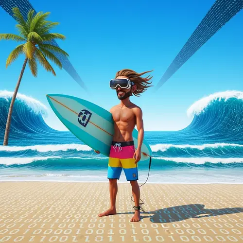 Surreal Metaverse Surfer: Pixelated Waves & Futuristic Adventures