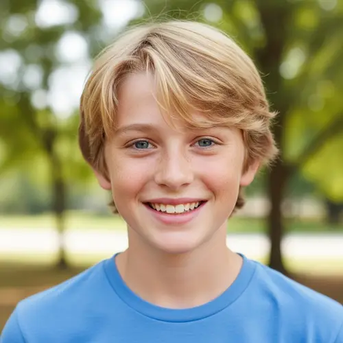 Charming 12-Year-Old Boy with Blond Hair and Blue Eyes