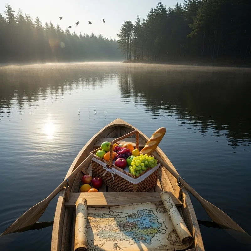 Tranquil Lake Sunrise with Fresh Fruits & Adventure Map