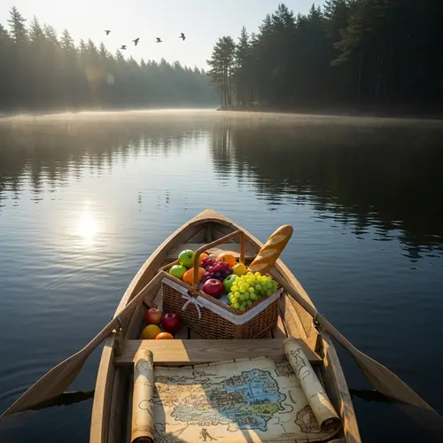 Tranquil Sunrise on Lake: Fresh Fruits & Adventure Map