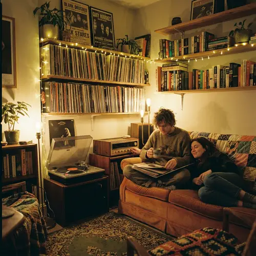 Cozy Vintage Room with Vinyl Records and Warm Lights