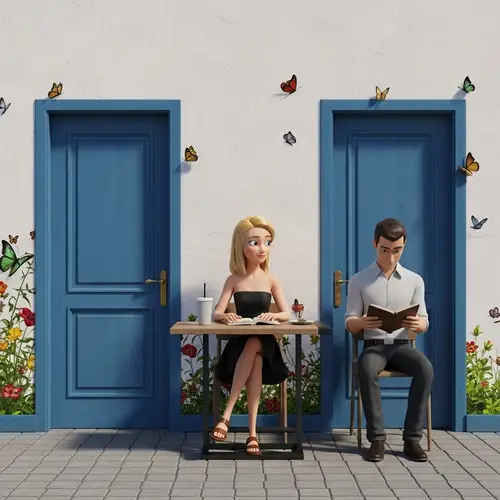 Blonde Girl in 3D Animation Style at Wall Mural with Butterflies