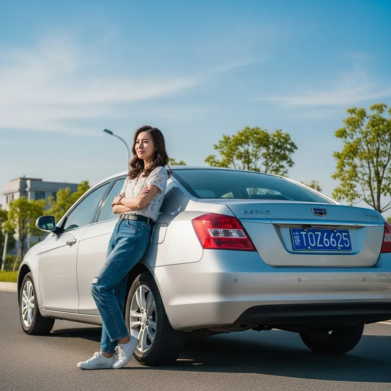 Portrait of a Girl Leaning on Silver Geely Emgrand Car | TOZ6625
