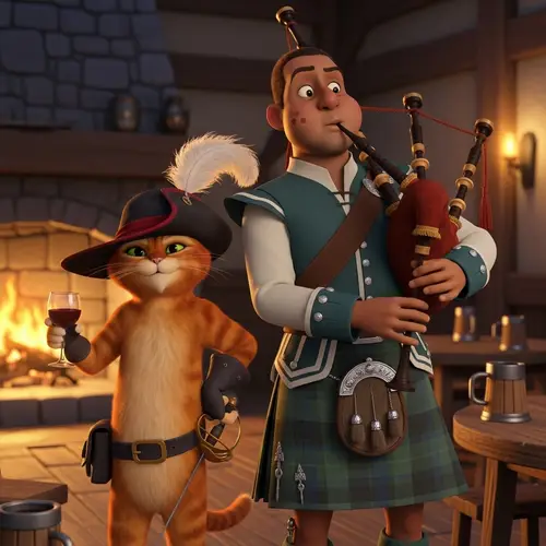 Puss in Boots and Bagpipe Player - Enchanting Duo in Wine-filled Adventure
