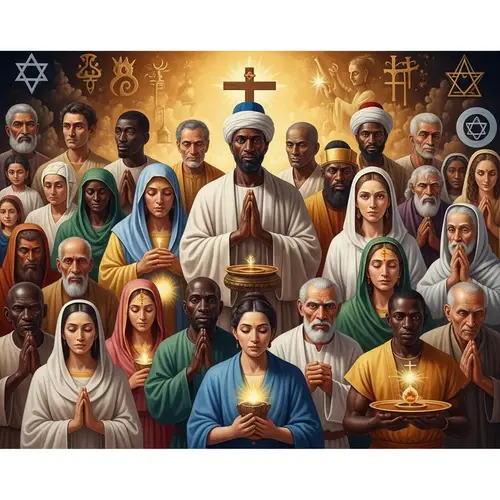 Unity in Diversity: Symbolic Oil Painting of Humanity's Religion