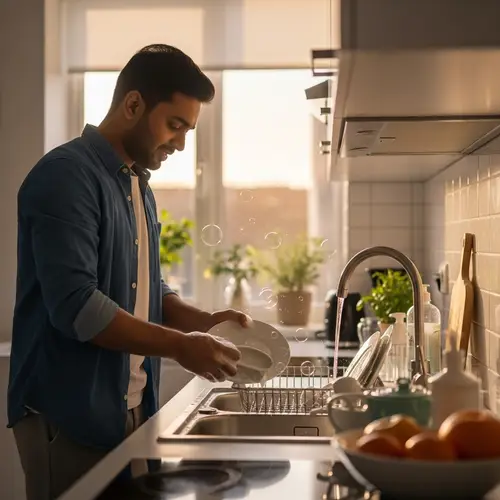 South Asian Man Washing Dishes in Modern Kitchen