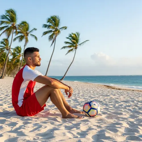 Skilled Male Soccer Player on White Sandy Beach in Dominican Republic