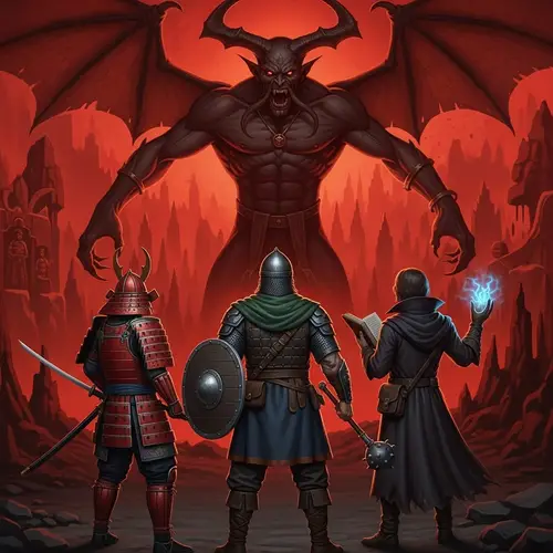 Medieval Heroes Battling Demons in Hell: Samurai, Bogatyr, Vampire Scholar