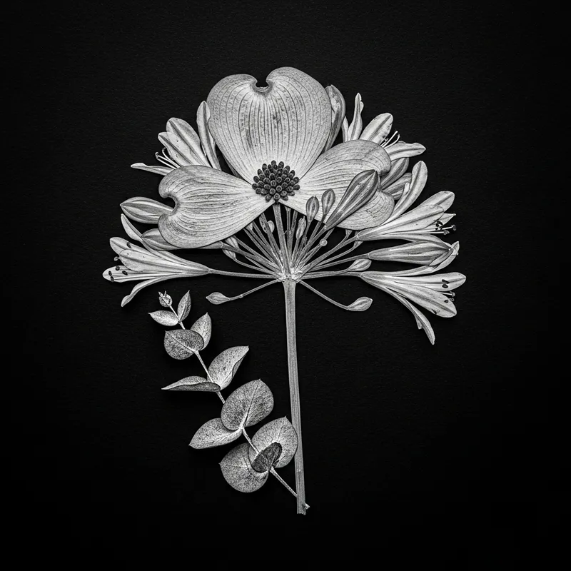 Botanical Chimera: Intricately Pressed Flower in Monochrome