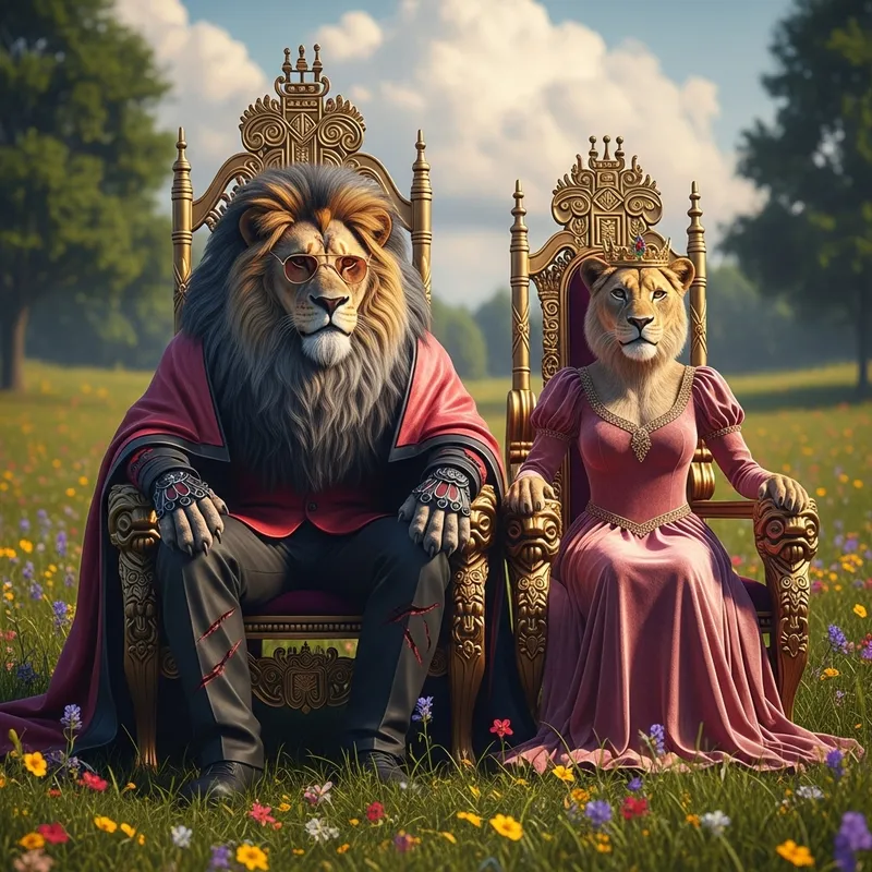 Futuristic Realistic Photo: Majestic Alpha Lion and Queen Lioness on Thrones