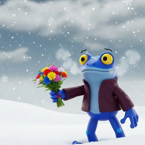 crazy frog gives a bouquet in winter