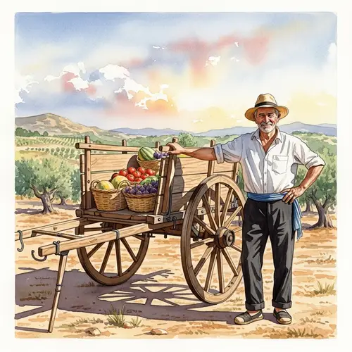 Traditional Ibizan Farmer Poses with Wooden Cart in Serene Environment