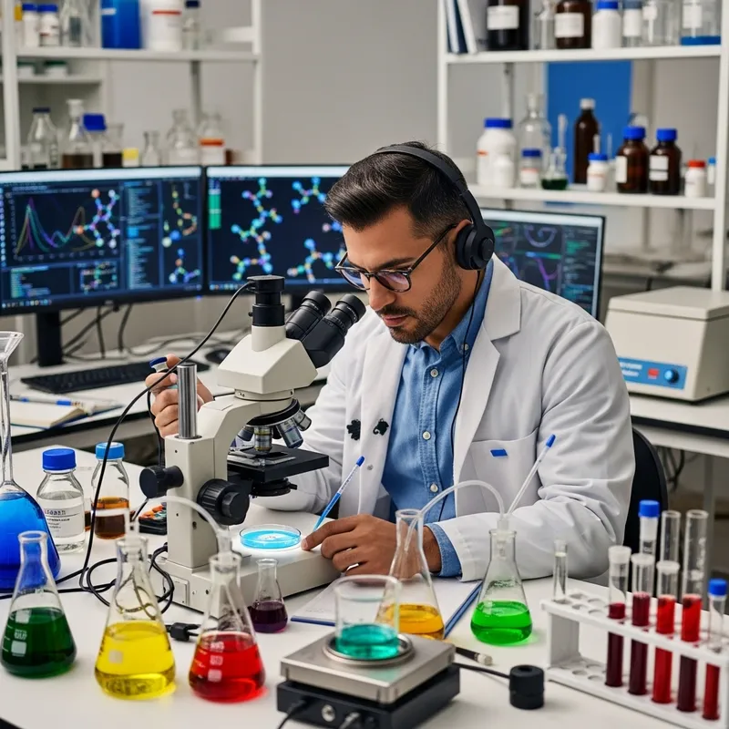 Hispanic Male Scientist Conducting Experiment with Headphones in Laboratory