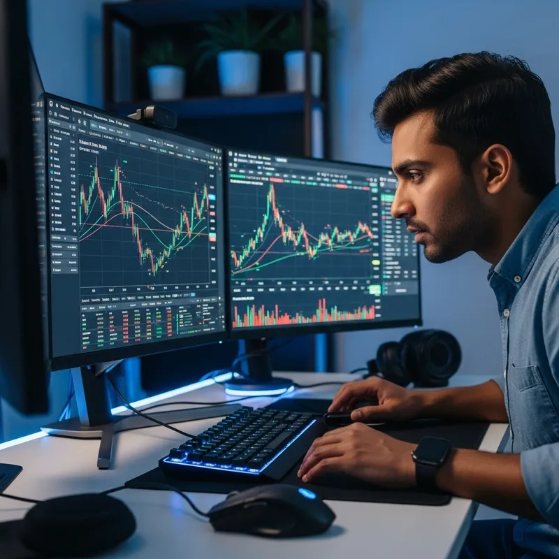 32-Year-Old South Asian Man Analyzing Full HD Bitcoin Chart | Professional Dashboard