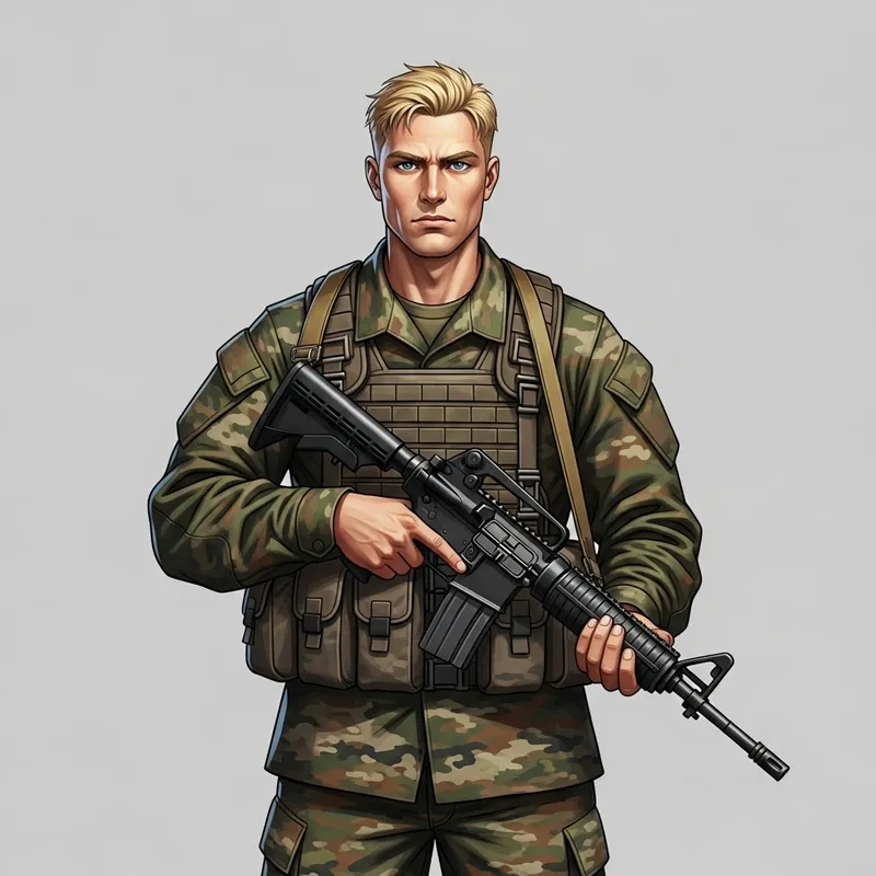 Tall Blond Soldier in Military Uniform with Stern Expression and Rifle
