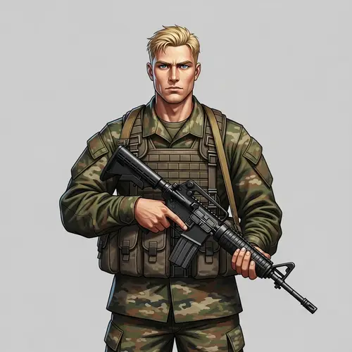 Male Caucasian Soldier in Military Uniform with Rifle at Ready