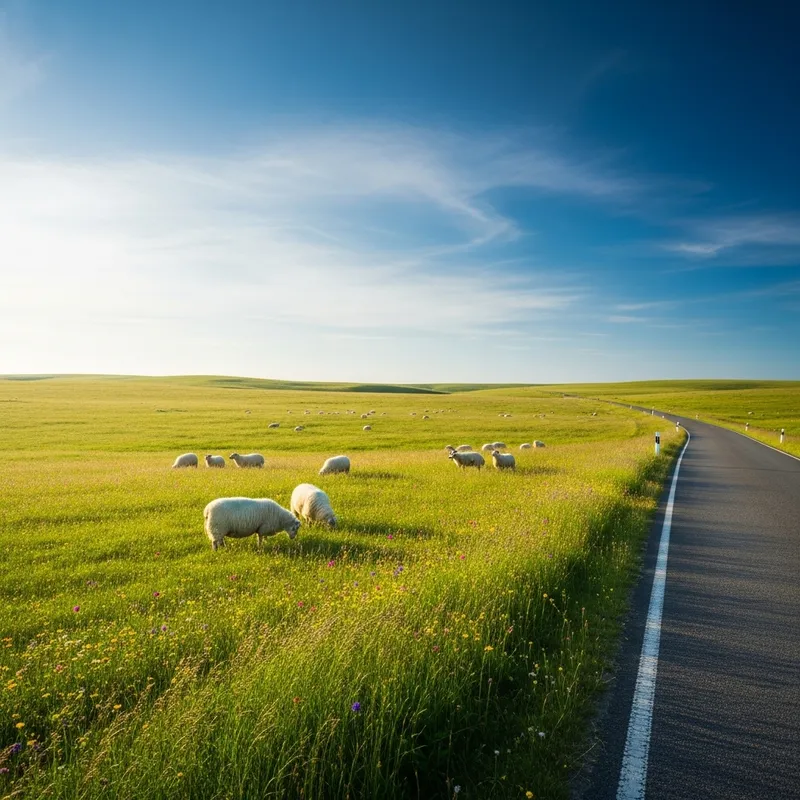 Tranquil Meadow Scene | Road Cross Sunshine Sheep