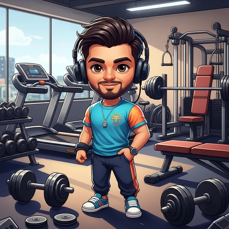 Friendly Cartoon Personal Trainer in a Gym