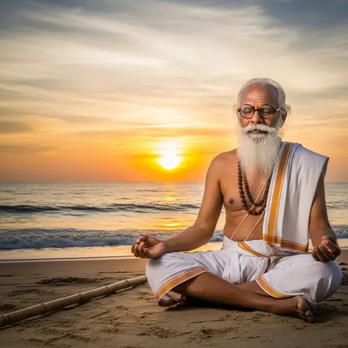 Meditating Elder on Tranquil Beach at Sunset