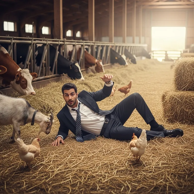 Middle-Eastern Businessman in Cow Manure with Disgusted Expression and Cows