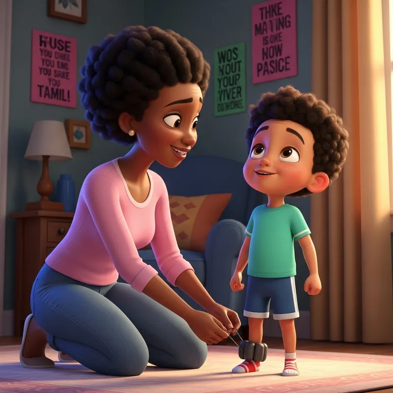 Empowering Cartoon Scene: Black Mother Helps 5-Year-Old Son with Ankle Weights