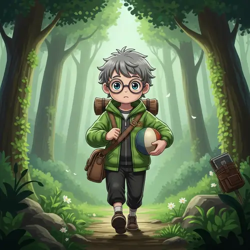 Adventurous Boy in Green Jacket Exploring Forest
