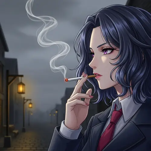 Digital Art of Anime Character with Amethyst Eyes Smoking Cigarette
