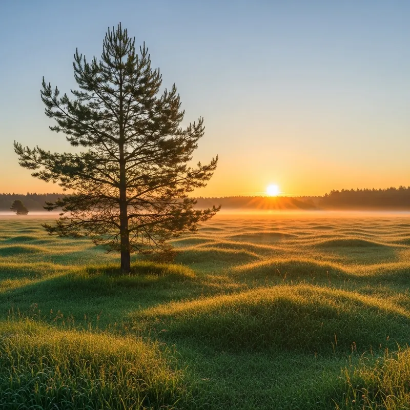 Serene Sunrise Landscape: Pine Tree and Green Grass