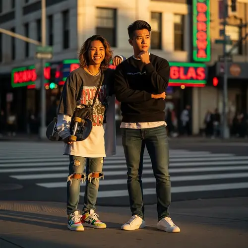 Young Asian Friends in Stylish Outfits | Urban Fashion Duo