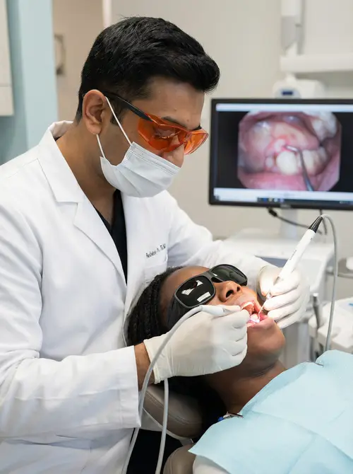 Professional Dentist Removing Oral Lesion with Laser Procedure