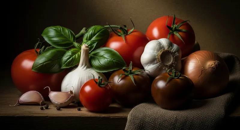Rustic Still Life: Tomatoes, Garlic, Basil & Onions in Caravaggio Style