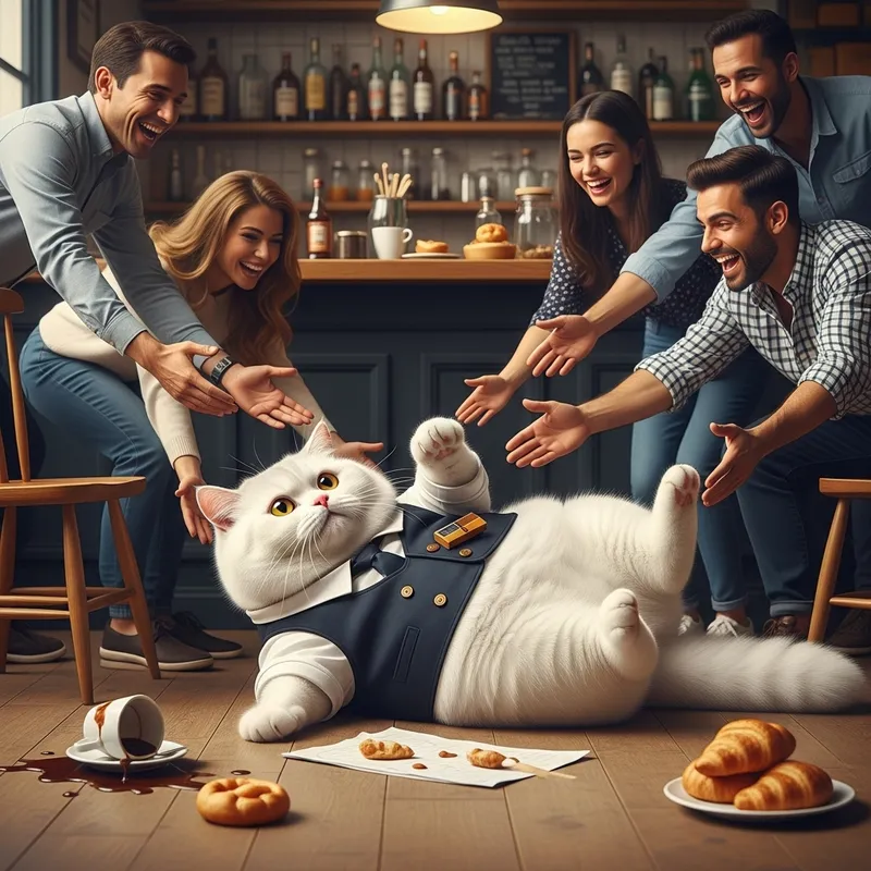 British Cat Waiter in Mishap Scene at Cafe | Hyperrealism Art