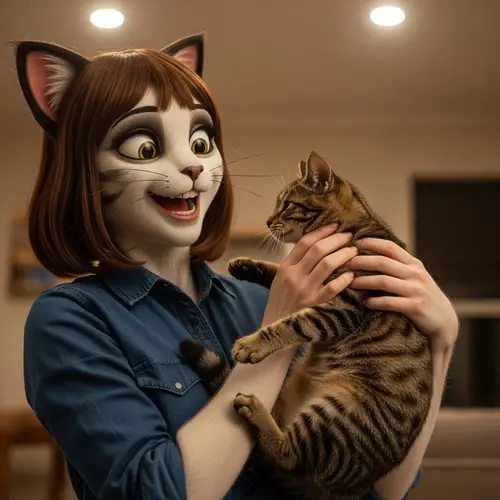 Exuberant Cat-Like Character with Realistic Tabby Cat | Delightful Scene