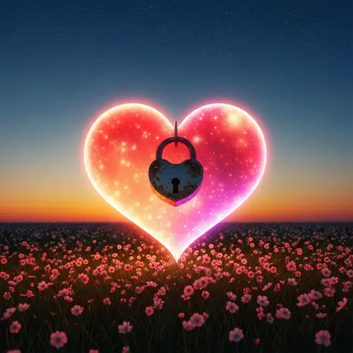 Ethereal Love Scene with Glowing Heart and Rusty Lock