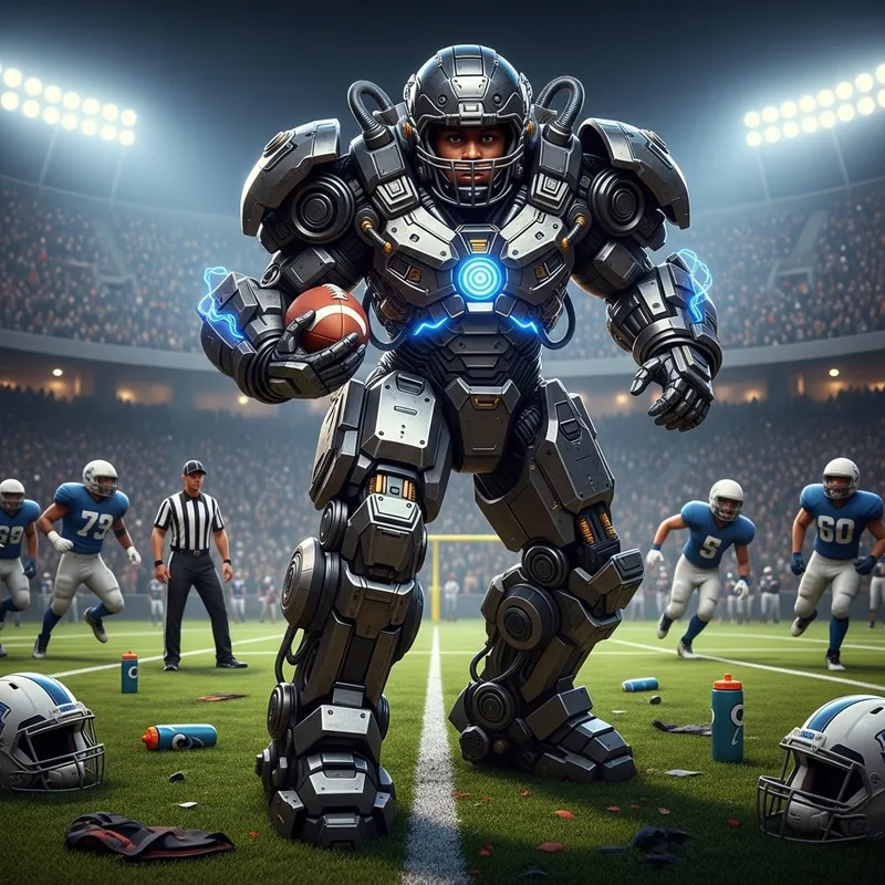 Futuristic Football Player in Mech-Styled Field Futuristic Football Player in Mech-Styled Field