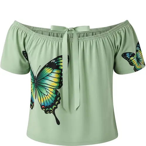 Stylish Pistachio Off-Shoulder Top with Butterfly Design