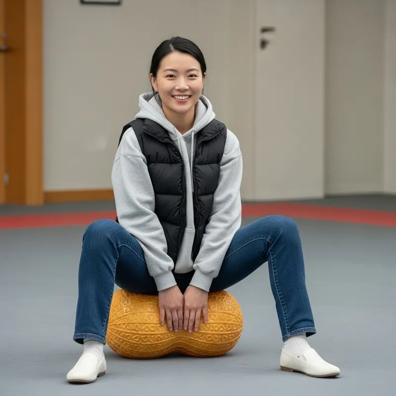 Confident Asian Girl in Grey Hoodie on Peanut Yoga Ball