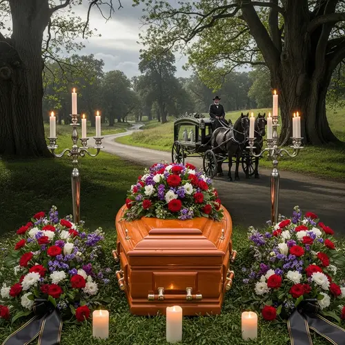 Elegant Funeral Arrangements with Vibrant Flowers and Gothic Ambiance