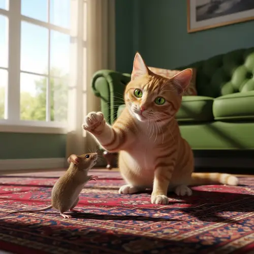 Ginger Cat Teasing Brown Mouse in Living Room