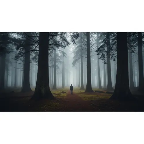 Mysterious Figure in a Foggy Forest Scene