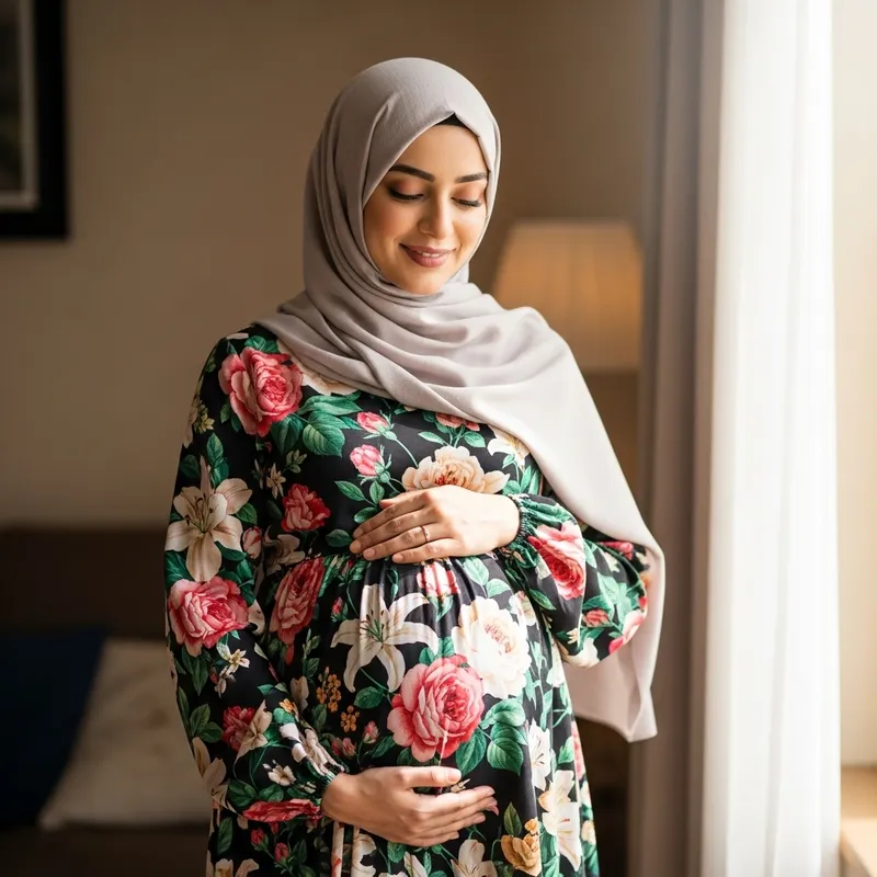 Middle-Eastern Pregnant Woman in Hijab and Floral Dress